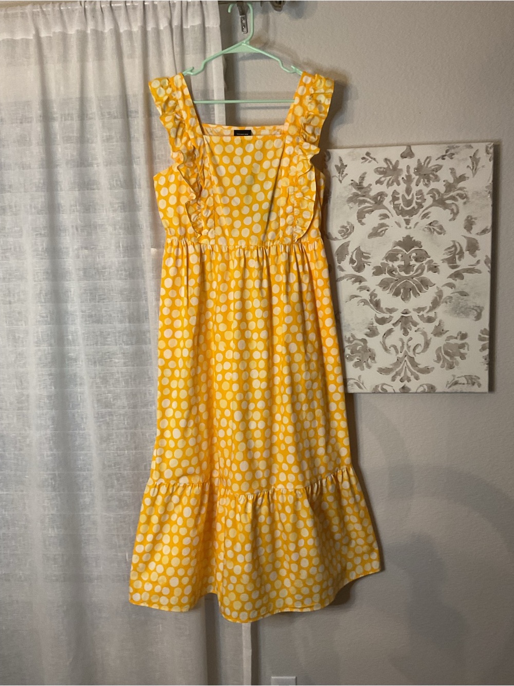 Who What Wear Yellow and White Polka Dot Ruffle Midi Dress